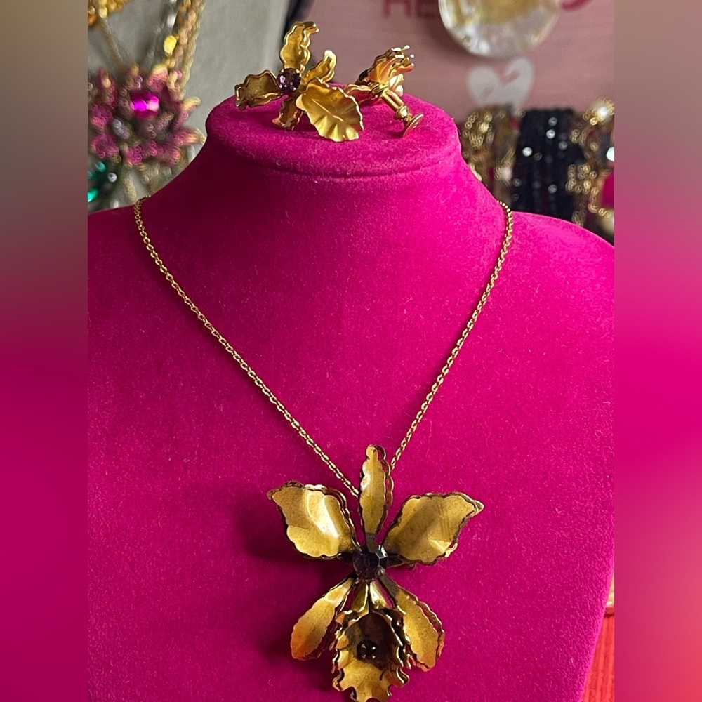 Vintage Bugbee and Niles orchid necklace & earrings set
